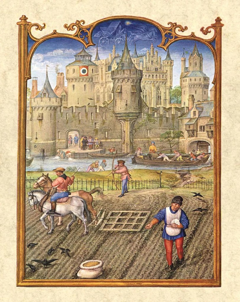 A historical illustration depicting a medieval scene with a castle, farmers working the land, and townsfolk engaged in various activities around a river.